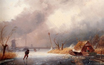  Water Painting - A Winter Landscape With Skaters On A Frozen Waterway Charles Leickert
